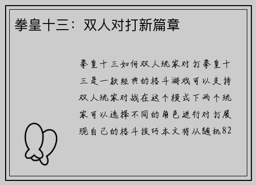 拳皇十三：双人对打新篇章